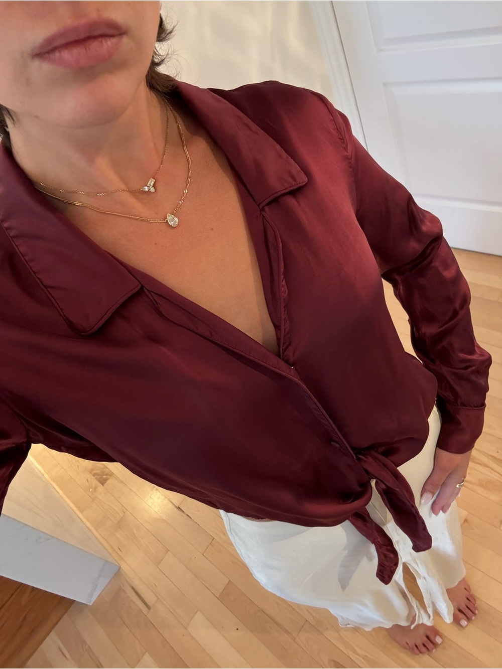 Aritzia Silky Tie-Front Blouse in Deep Burgundy